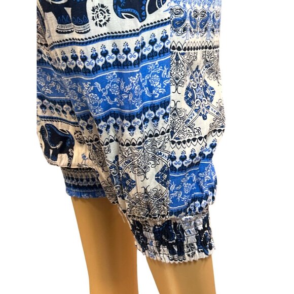 Feather Tassel Boho Elephant Print Halter Jumpsuit in Blue/White Size Small - Picture 7 of 7